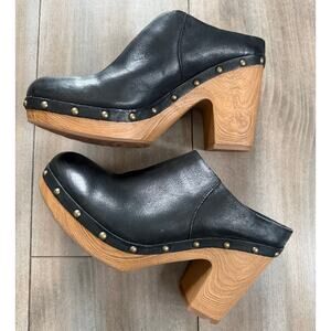 Kork-Ease Sudbury Black Platform Clogs Wood Leather Mules Heels Womens Size 8.5